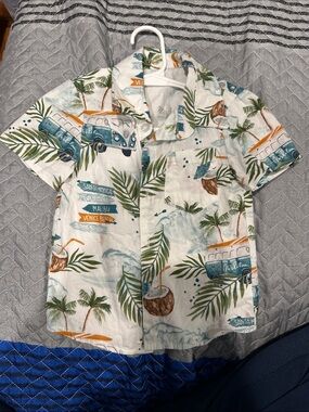 Tropical Coconut & Palm Short Sleeve Button Shirt - White